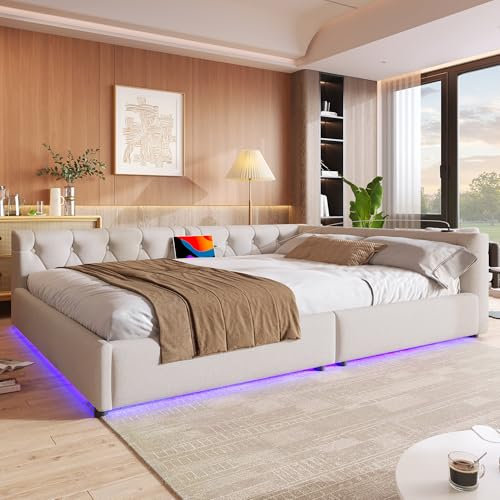 Gegtuon Schlafsofa Doppelbett Polsterbett 140x200 mit LED-Licht, USB-Bett Sofabett mit Kopfteil und Armlehnen, Tagesbett Jugendbett Bettgestell mit Lattenrost, ohne Matratze, Leinen, Beige