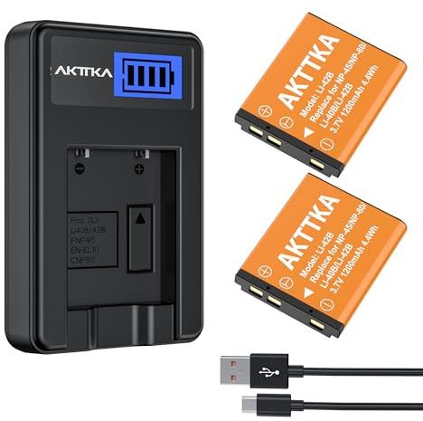 AKTTKA Lot de 2 1200mAh Li-42B Li-40B Batterie avec Chargeur Type-C LCD USB, Remplacement pour Fujifilm NP-45, Nikon EN-EL10, Olympus LI-42B LI-40B, Kodak KLIC-7006, Casio NP-80, Pentax D-Li63