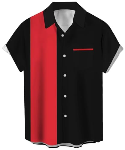 Men's Vintage Bowling Shirts Casual Short Sleeve Button Down Contrast Summer Color Block Shirts Cuban Shirts