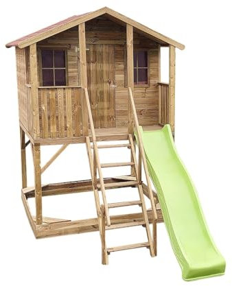 Wood & Play - Kinderspielhaus aus Holz mit Rutsche, Ola Spielhaus Kinder aus Echtholz, Outdoor Holzhaus Spielhütte, Gartenhaus für Kinder, Garten-Sommerhaus - Einfacher Aufbau, Vollständiger Set