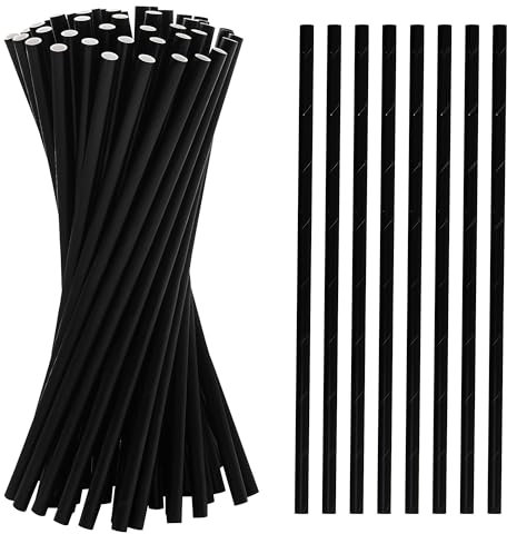 100-Pack Biodegradable Paper Straws – Thick & Non-Soggy – Plastic-Free, Recyclable, Durable Drinking, Juice, Coffee, and Cold Drinks Eco-Friendly Stripped Straws for Party - Plain Black