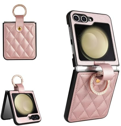 HAONANDE Lederhülle für Samsung Galaxy Z Flip7 Tasche mit Diamantring, Luxus Klapphülle mit Ringhalter Schutzhülle Cover Klappbar Handyhülle Etui Stoßfeste Schlank Case rutschfest Roségold