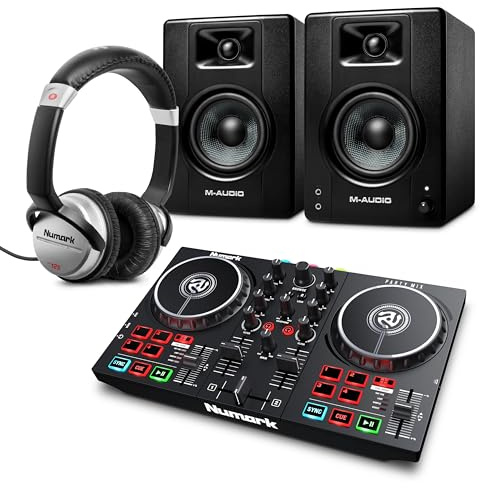 Numark Party Mix II DJ Controller and M-AUDIO BX4 Pair Studio Monitors with Headphones for Studio Recording, Music Production, Podcasting, Streaming