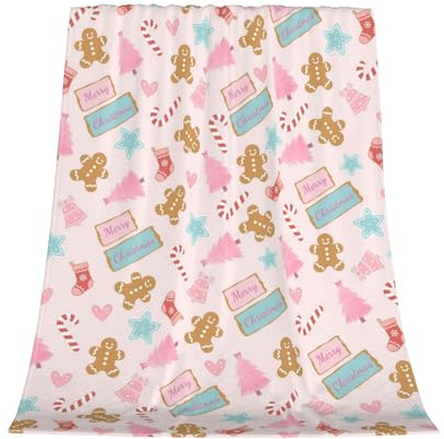 Christmas Throw Blanket - Festive Xmas Tree Candy Cane Gingerbread Man Design - Lightweight Flannel Fleece Throw - Ultra Warm & Cosy - 100x130cm - Perfect for Sofa, Bed, Gifts, Pets