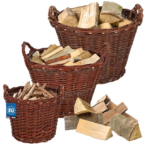 KOTARBAU® 3er Set Weidenkorb mit Griffen - ø 30 cm/ø 40 cm/ø 50 cm - Blumen Korb - Aufbewahrung von Spielzeug - Holzkorb für Kaminholz - Erntekorb aus Weide - Aufbewahrungskörbe - Braun