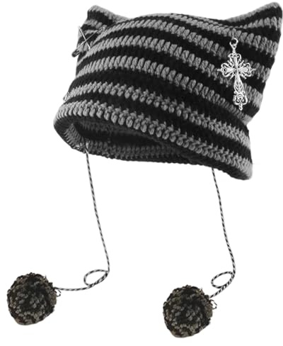 KASLCWA Fairy Grunge Beanie Y2K Cat, Y2k Cat Beanie, Lässige Wintermütze Mit Katzenohren mit Ohren, Striped Crochet Slouchy Hat Winter Warm Knitted Alt Headwear Accessories