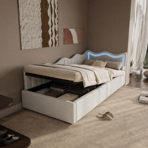 BAJKNIU Polsterbett Schlafsofa 90x200 cm mit Hydraulischer Stauraum, Jugendbett 90x200 mit LED-Beleuchtung, Kinderbett, Tagesbett, Teddyfleece-Stoff, Lattenrost, ohne Matratze, Weiß