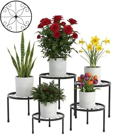 BenRich 5 Pack Metal Plant Stand Heavy Duty Pot Shelving for Outdoor Garden | Anti-Rust Black Planter Shelf, Space-Saving 5-Tier Flower Rack for Indoor, Patio & Outsunny Flower Pot Decoration Display