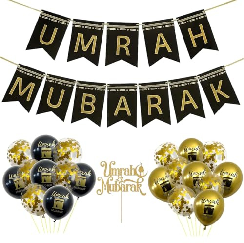 22Pcs Umrah Mubarak Banner Set, Umrah Mubarak Decoration Birthday Balloons Gold Glitter Cake Toppers Black Gold White Balloons Elegant Decorations for Party Supplies