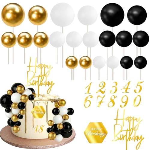 48 Stück Kugeln Tortendeko Happy Birthday Cake Topper Acryl Zahl 0-9 Kuchen Deko 3D DIY Runde Kugel Cupcake Toppers für Hochzeit Geburtstag Jahrestag Party Kuchen Dekorationen Schwarz Gold Weiß