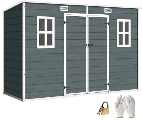 Outsunny Casetta per attrezzi da 3,2 m², con tetto spiovente, 303 x 123 x 197 cm, in plastica con finestra, doppia porta, serratura di ventilazione, pavimento effetto legno, casetta da giardino per