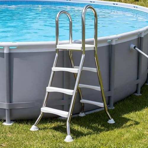 LHFJ 135cm Stabile Doppelseitige Oberirdische Poolleiter Edelstahl, Oberirdische Pool Leiter, Oberirdische Pooltreppe für Aufstellpool, Poolleiter 132 cm Poolhöhe 250 kg Tragkraft,43 in