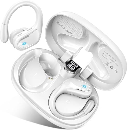 Ltinist Auriculares Deportivos, 75H Auriculares Inalambricos Bluetooth 5.3, Cascos Bluetooth Sonido Estéreo con 4 HD ENC Cancelacion Ruido Mic, Cascos Deportivos IP7 Impermeable, Blanco