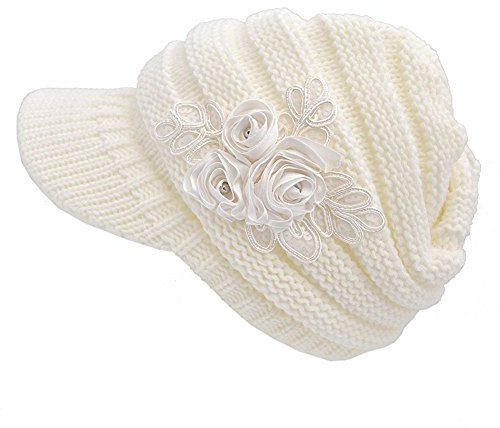 FSSTUD Damen Winter Warme Gestrickte Strickmütze Strick Beanie Mütze mit Schild Cap Weiß