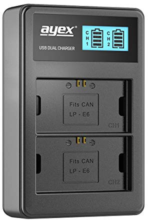 ayex Dual USB Ladegerät Kompatibel mit Canon LP-E6 N NH Akkus EOS R R6 R5 90D 80D 70D 60D 5D Mark IV 7D Lädt per USB zB an Laptop & Powerbank mit LCD-Ladestandanzeige
