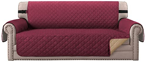 BellaHills Sofabezüge Sofa Schonbezug Reversible Faux Cotton Furniture Sofa Protector mit Riemen, Schutz vor Haustieren, Flecken, Verschleiß und Abrieb (Sofa/Dreisitzer: Burgund/Tan)