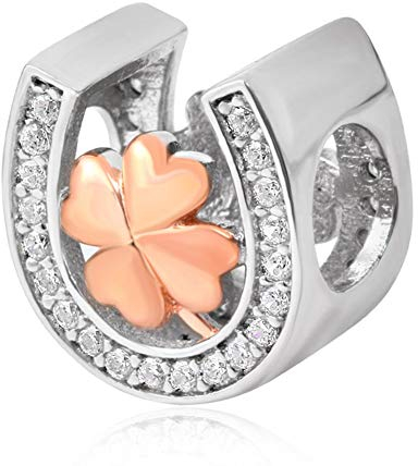Hufeisen-Anhänger, Glücks-Charm, Liebe, klarer Stein, Stern-Charm für Pandora-Charm-Armband, 925er Sterlingsilber, Rotgold a