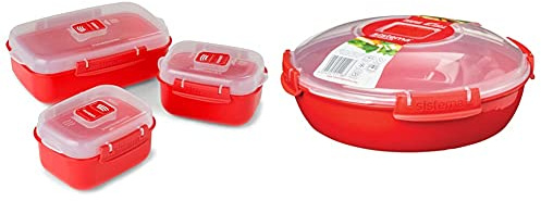 Sistema Microwave Heat and Eat 3 Pack, Red/Clear, Pack of 3 & Round Microwave Dish, Red, 1.3 L