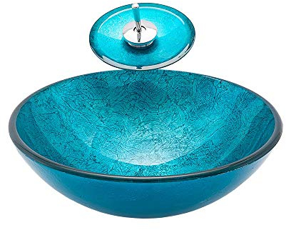 chicstyleme Lavabo Lavabo de vidrio redondo azul con lavabo de cristal templado de cascada,Lavabo de mesa