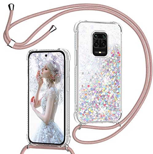 TUUT Funda para Xiaomi Redmi Note 9S/9 Pro/9 Pro MAX con Cuerda, Carcasa Brillante Transparente Silicona Protección Case con Colgante Correa de Cuello Arena movediza Caso con Cadena Cordón, Oro Rosa