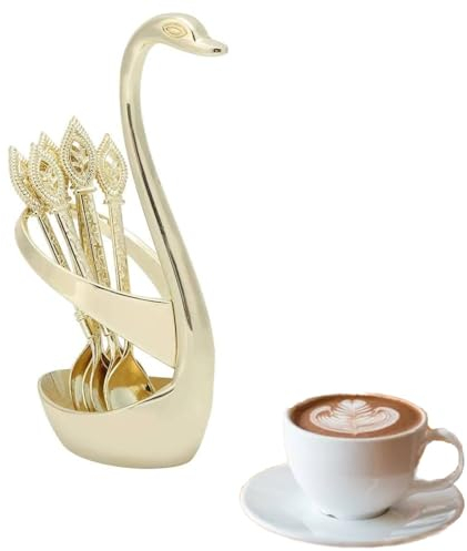 Agatige 6PCS Coffee Spoon Set with Swan Spoon Holder, Stainless Steel Gold Teaspoons Dessert Spoon Cutlery Spoons Set for Dining Table, Coffee Station, Home Mini Bar