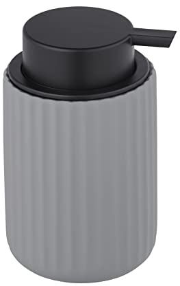 WENKO Flüssigseifenspender Belluno, nachfüllbarer Seifenspender aus hochwertiger Keramik, Seifendosierer mit moderner Rillen-Struktur, Soft-Touch, Matt Grau/Schwarz, Ø 8 x 13,5 cm, Füllmenge 300 ml