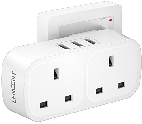 LENCENT Double Plug Adaptor with 3 USB, 2 Way Multi Plug Extension Adapter, 5-in-1 Wall Charger for Household Appliances, iPhone, Smartphone, Ideal for Home Office, Bedroom, 13A 3250W