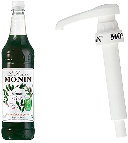 MONIN Premium Green Mint Syrup 1 L & 10 ml Pump for 1 L PET and 25 cl MONIN Premium Syrup Bottles