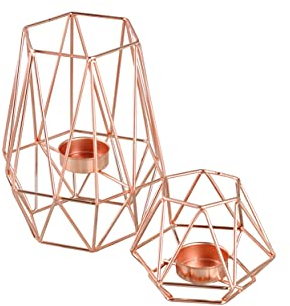 Echtwerk 2-teiliges Teelicht-/ Kerzenhalter Set Vintage Mix, Kupfer-Edition, Geometrisches Design, Votiv Kerzenhalter für Wohnzimmer/ Schlafzimmer/ Esstisch, Tischdeko für Hochzeiten, 8 x 8 x 8,3 cm/ 9,5 x 9,5 x 17 cm