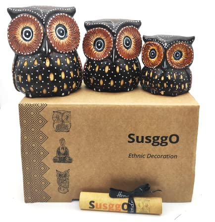 SusggO Eulen-Set, 3 Stück, aus Holz, Dekoration, Figuren, Braun, mit Punkten