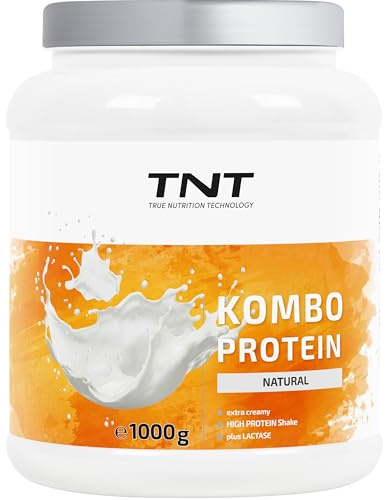 TNT Kombo Protein Pulver - 1000g - Mit Laktase - Natural Flavour | 3 Eiweißquellen Whey, Casein, Hühnerei - Extra cremig - Ballaststoffe Flohsamenschalen