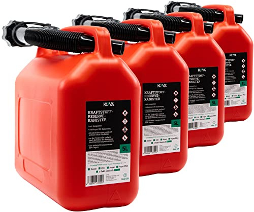 KOVA® 4x 5L Benzinkanister - Kraftstoffkanister mit UN-Zulassung - Perfekt als Dieselkanister, Reservekanister, Kraftstoffkanister, Wasserkanister, Benzin Kanister - Auswahl: 5L, 10L & 20L - ROT