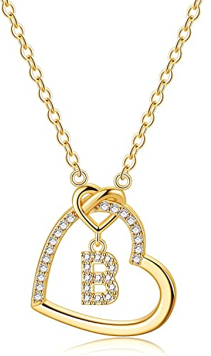 LIHELEI Damen Halskette Herz Buchstabe 925 Silber Kette Damen Personalisiere Kette, Geburtstags und Weihnachten Geschenk Für Frauen Mädchen Mama Freundin - B(Gold)