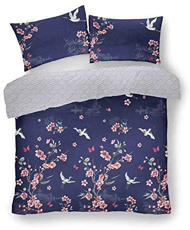 Lions Navy Blue Floral Bedding Set - Reversible Duvet Cover with Matching Pillowcase, King Size Bed, Super Soft 3 Piece Flower Quilt Covers, Button Closure, Girls Women