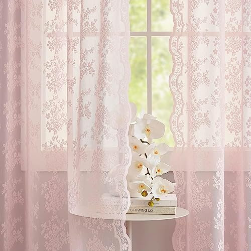 YJ YANJUN Paire de rideaux en voile vintage en dentelle à motif floral pour fenêtre de salon, bureau - 132 x 183 cm (l x H) - Rose clair