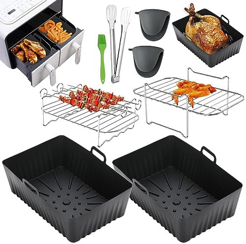 Lifemaison 8pcs Silicone Air Fryer Liners,Air Fryer Accessories for Ninja Foodi AF400UK Dual Zone,Dual Air Fryer Racks & Paper Lining Dual Air Fryer Accessories,Compatible with Oven,Microwave,Black