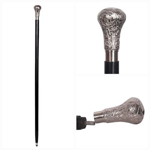 SimbaKart Handgefertigter Gehstock aus Holz, Blumenball, silberner Griff, schwarzer Gehstock, Unisex, Senioren, Männer, Frauen, Geschenk