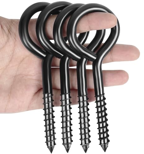 Winter Shore Ganchos Atornillables Negros Grandes de 12,5 cm (Pack de 4)- Capacidad por Tornillo 40 kg - Gancho de Ojal de Acero al Carbono - Gancho Metal Autorroscante Resistente para Colgar, Amarrar