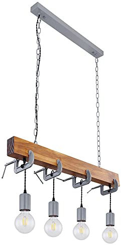 Globo Hängeleuchte Holz Esstisch Lampe Küche hängend Retro Deckenleuchte Vintage Pendelleuchte 4 flammig, Schraubzwinge Metall verzinkt, E27, LxH 85 x 120 cm