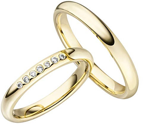 JC Trauringe Silber 925 Paarpreis Eheringe Gold Plattiert I Verlobungsringe 3,0 mm breit I Partnerringe mit Gravur in edler Schatulle I Hochzeitsringe Herrenring & Damenring mit Steinen I LC126-P