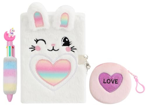 Belegao Rabbit Diary with Lock for Girls, Fluffy Journal with Lock Keys Purse and Pen Secret Diary for Kids Home School Travel Writing Notebook, Plush Rabbit Rainbow Heart