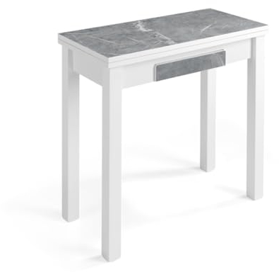 MOMMAHOME® Mesa de Cocina Extensible Lazio – Mesa de Comedor Moderna, Plegable y Multifuncional, Color Blanco/Gris Mármol, Medidas 80x40/80x78 cm