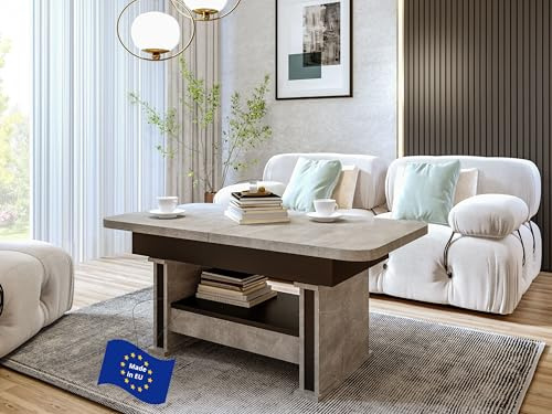 designimpex DA-555 Couchtisch Beton/Schwarz matt ausziehbar höhenverstellbar mit Schublade 120/200 cm modern Wohnzimmertisch Esstisch abgerundete Ecken Sofatisch platzsparend hochwertig Wohnzimmer