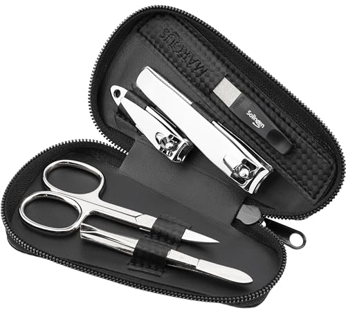 Marqus Manicure Set for Women and Men - 5-Pieces Grooming Kit - File and Tweezers from Solingen - Fashion Leather Case - Ideal for Travelling, Carbon