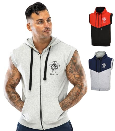 Felpe con cappuccio senza maniche da uomo, in cotone, con cerniera, gilet da corsa in pile, canotte con cappuccio, abbigliamento da palestra casual per sport all'aperto, felpa con cappuccio con