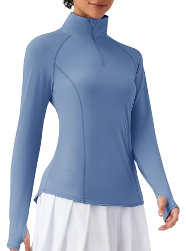IECCP Damen UV Shirt Jacke Langarm Laufshirt Schnelltrocknend Sportshirt Half Zip Sun Sommershirts mit Daumenloch Reißverschlusstaschen Lavendelblau L