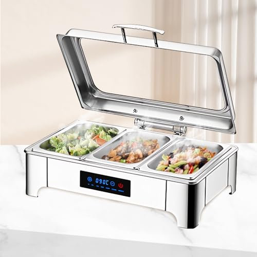 BOVDC Chafing Dish Elektrisch, 9L Edelstahl Speisewärmer Buffetwärmer Einstellbare Temperatur, Warmhaltebehälter Essen Elektrisch mit Sichtbarem Glasdeckel(Smart-Panel-Temperaturanpassung, 1/3 Pan)