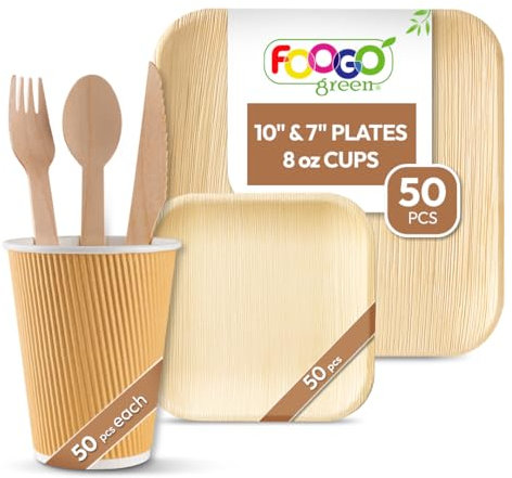 FOOGO Green Disposable Palm Leaf Plates, Cups, Cutlery - 300pcs - FSC® Certified - Large Square, Small Side Plates, Cups, Forks, Knives, Spoons - Eco-friendly