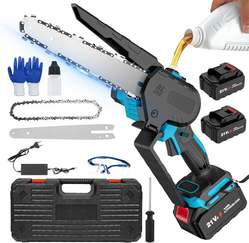 Mini Motosierra Bateria 8 Pulgadas, Motosierra Eléctrica Bateria con 2 Baterías 4.0Ah, Engrasador Automático, Motor sin Escobillas, Bloqueo de Seguridad, Motosierra de Mano para Podar Jardín y Madera