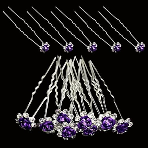 WedDecor 5pcs Purple Wedding Hair Pins with Crystal Rose Flower Design & Rhinestone Diamante Silver Plated Bridal Hair Clips Accessories for Women Wedding & Girls Bridesmaids Prom